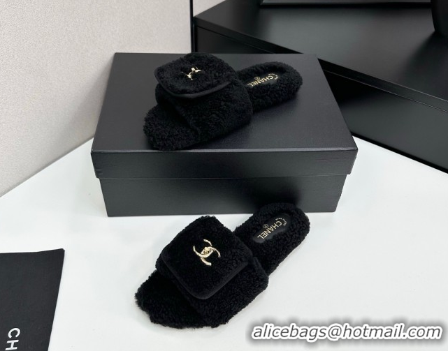 Perfect Chanel Shearling Wool Flat Slides Sandal with Foldover Black 2025 CH103106 1031128