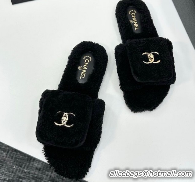 Perfect Chanel Shearling Wool Flat Slides Sandal with Foldover Black 2025 CH103106 1031128