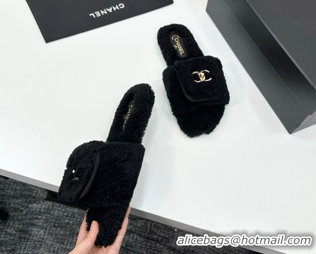 Perfect Chanel Shearling Wool Flat Slides Sandal with Foldover Black 2025 CH103106 1031128