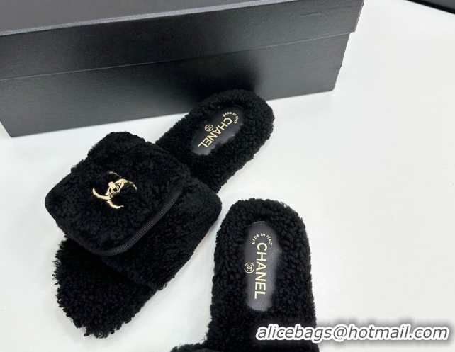 Perfect Chanel Shearling Wool Flat Slides Sandal with Foldover Black 2025 CH103106 1031128