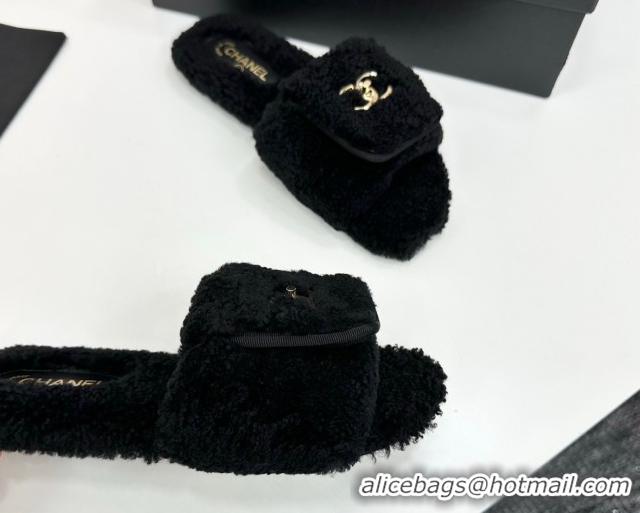 Perfect Chanel Shearling Wool Flat Slides Sandal with Foldover Black 2025 CH103106 1031128