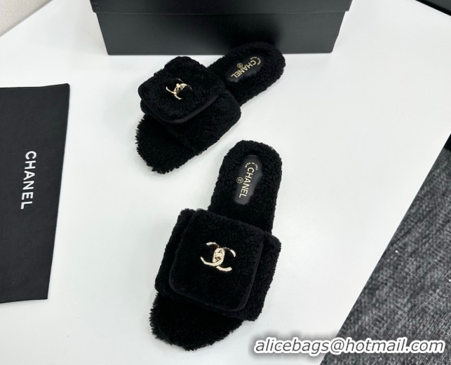 Perfect Chanel Shearling Wool Flat Slides Sandal with Foldover Black 2025 CH103106 1031128