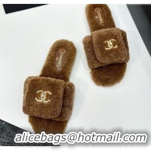 Unique Style Chanel Shearling Wool Flat Slides Sandal with Foldover Brown 2025 CH103106 1031129