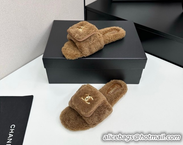 Unique Style Chanel Shearling Wool Flat Slides Sandal with Foldover Brown 2025 CH103106 1031129
