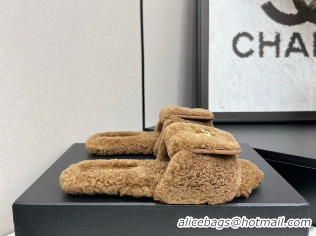 Unique Style Chanel Shearling Wool Flat Slides Sandal with Foldover Brown 2025 CH103106 1031129