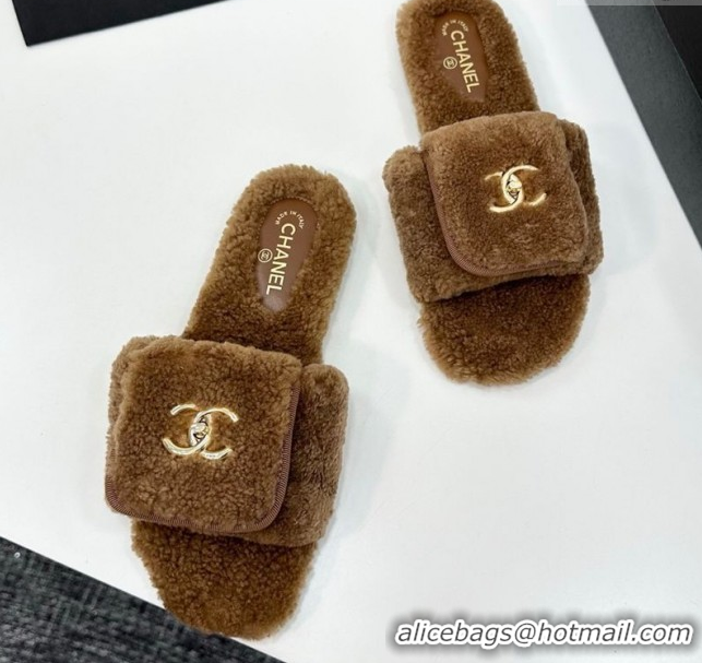 Unique Style Chanel Shearling Wool Flat Slides Sandal with Foldover Brown 2025 CH103106 1031129