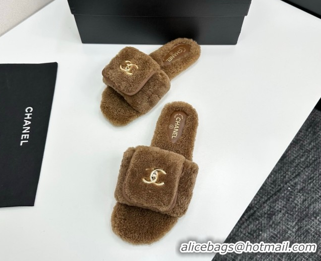 Unique Style Chanel Shearling Wool Flat Slides Sandal with Foldover Brown 2025 CH103106 1031129