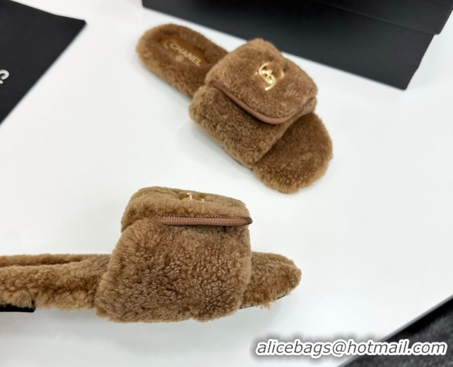Unique Style Chanel Shearling Wool Flat Slides Sandal with Foldover Brown 2025 CH103106 1031129