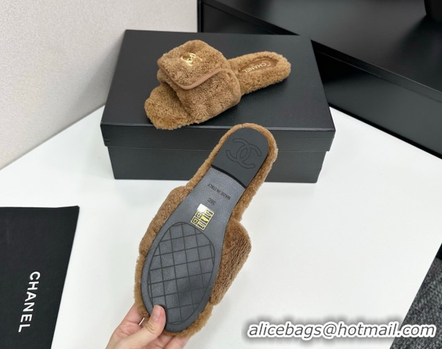 Unique Style Chanel Shearling Wool Flat Slides Sandal with Foldover Brown 2025 CH103106 1031129