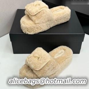 Best Product Chanel Shearling Wool Platform Slides Sandal with Foldover Beige 2025 CH103106 1031130