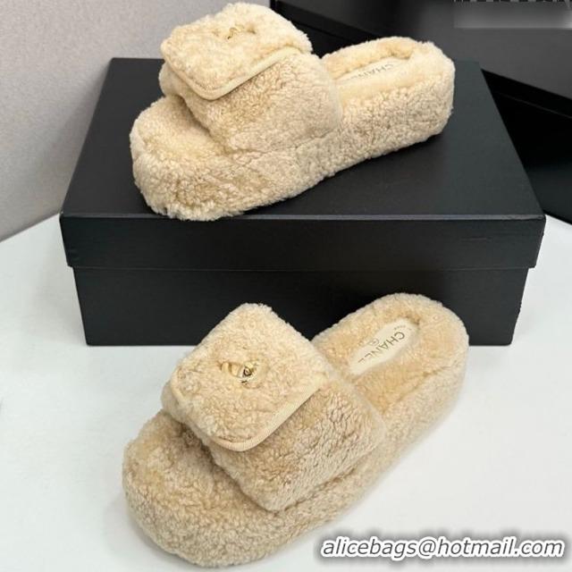 Best Product Chanel Shearling Wool Platform Slides Sandal with Foldover Beige 2025 CH103106 1031130