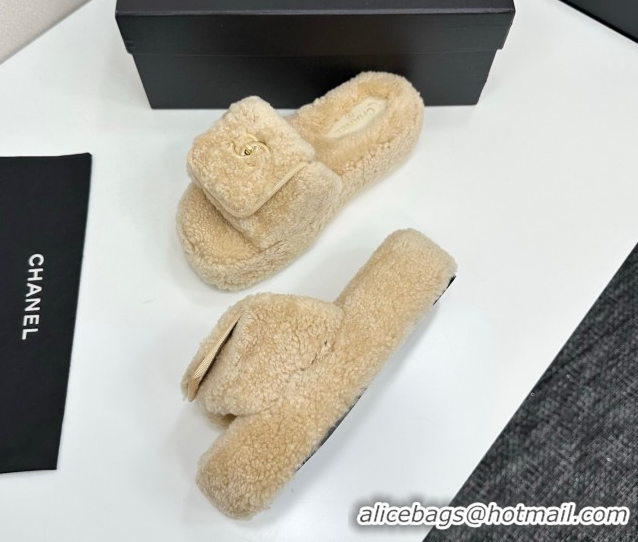Best Product Chanel Shearling Wool Platform Slides Sandal with Foldover Beige 2025 CH103106 1031130