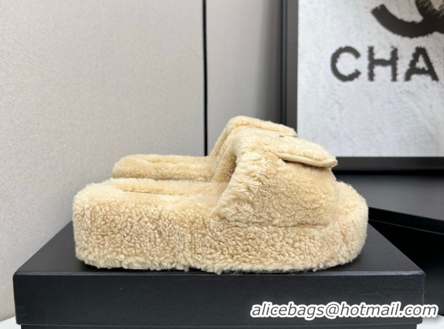 Best Product Chanel Shearling Wool Platform Slides Sandal with Foldover Beige 2025 CH103106 1031130