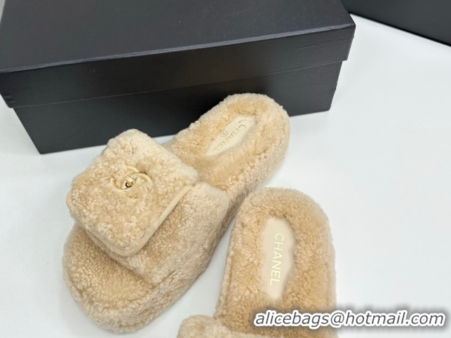 Best Product Chanel Shearling Wool Platform Slides Sandal with Foldover Beige 2025 CH103106 1031130