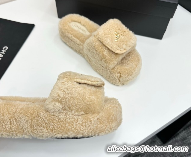 Best Product Chanel Shearling Wool Platform Slides Sandal with Foldover Beige 2025 CH103106 1031130