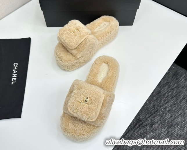 Best Product Chanel Shearling Wool Platform Slides Sandal with Foldover Beige 2025 CH103106 1031130