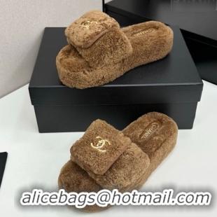 Classic Hot Chanel Shearling Wool Platform Slides Sandal with Foldover Brown 2025 CH103106 1031131