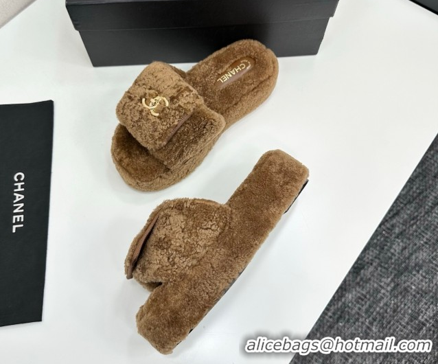 Classic Hot Chanel Shearling Wool Platform Slides Sandal with Foldover Brown 2025 CH103106 1031131