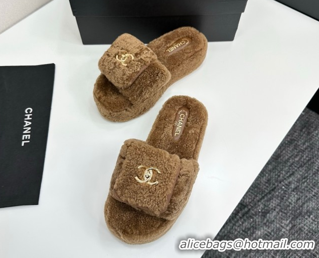 Classic Hot Chanel Shearling Wool Platform Slides Sandal with Foldover Brown 2025 CH103106 1031131