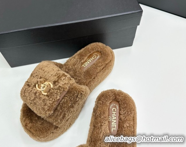 Classic Hot Chanel Shearling Wool Platform Slides Sandal with Foldover Brown 2025 CH103106 1031131