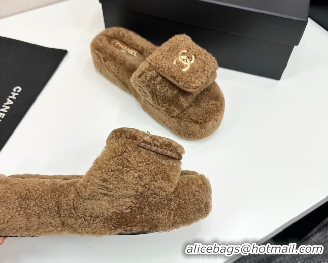 Classic Hot Chanel Shearling Wool Platform Slides Sandal with Foldover Brown 2025 CH103106 1031131