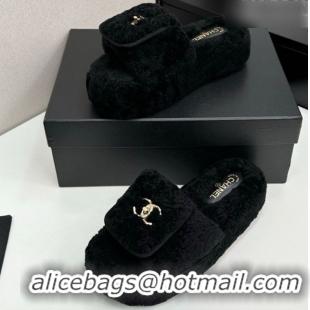 Purchase Chanel Shearling Wool Platform Slides Sandal with Foldover Black 2025 CH103106 1031132