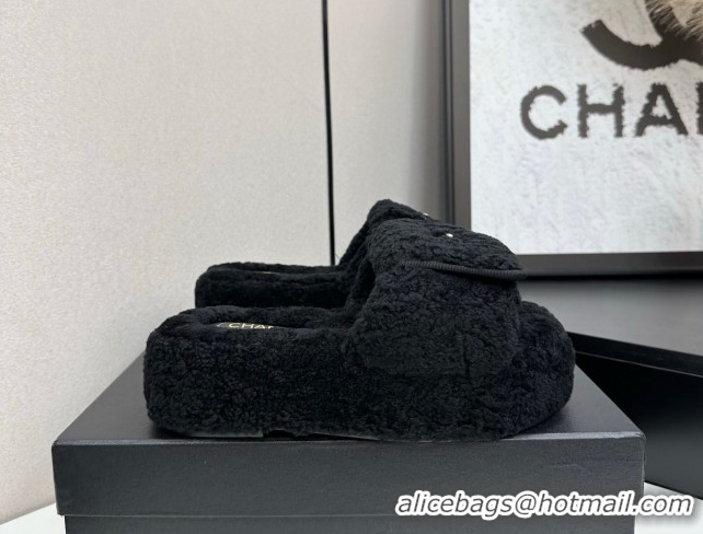 Purchase Chanel Shearling Wool Platform Slides Sandal with Foldover Black 2025 CH103106 1031132