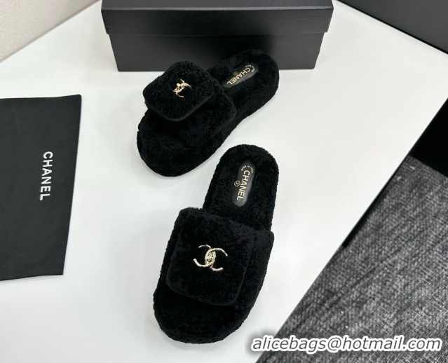 Purchase Chanel Shearling Wool Platform Slides Sandal with Foldover Black 2025 CH103106 1031132