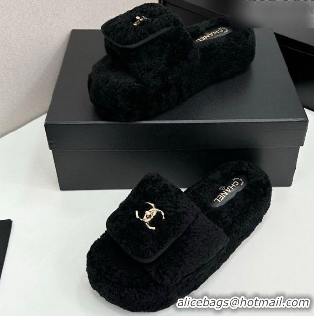 Purchase Chanel Shearling Wool Platform Slides Sandal with Foldover Black 2025 CH103106 1031132