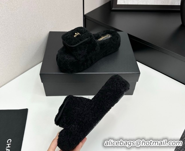 Purchase Chanel Shearling Wool Platform Slides Sandal with Foldover Black 2025 CH103106 1031132