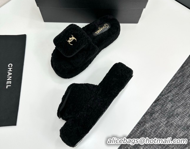Purchase Chanel Shearling Wool Platform Slides Sandal with Foldover Black 2025 CH103106 1031132