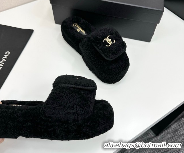 Purchase Chanel Shearling Wool Platform Slides Sandal with Foldover Black 2025 CH103106 1031132