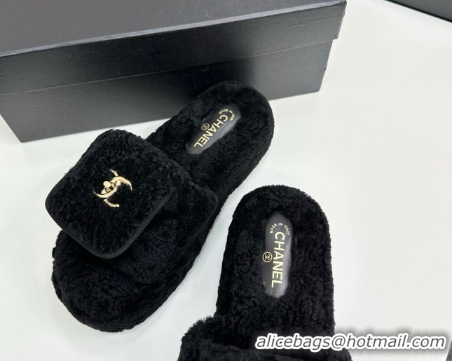 Purchase Chanel Shearling Wool Platform Slides Sandal with Foldover Black 2025 CH103106 1031132