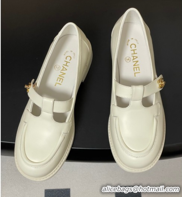 Luxury Cheap Chanel Calfskin Leather T Loafers White 2025 G46799 1031134