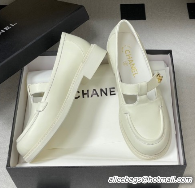 Luxury Cheap Chanel Calfskin Leather T Loafers White 2025 G46799 1031134