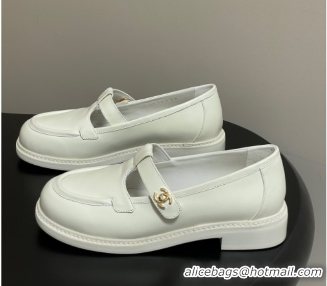 Luxury Cheap Chanel Calfskin Leather T Loafers White 2025 G46799 1031134