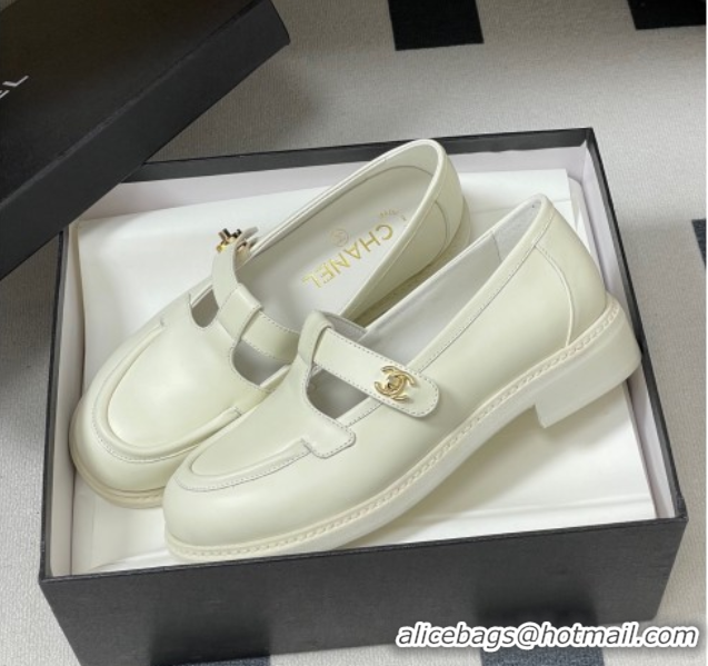 Luxury Cheap Chanel Calfskin Leather T Loafers White 2025 G46799 1031134