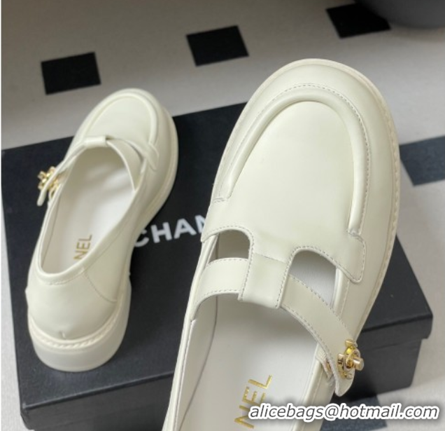 Luxury Cheap Chanel Calfskin Leather T Loafers White 2025 G46799 1031134