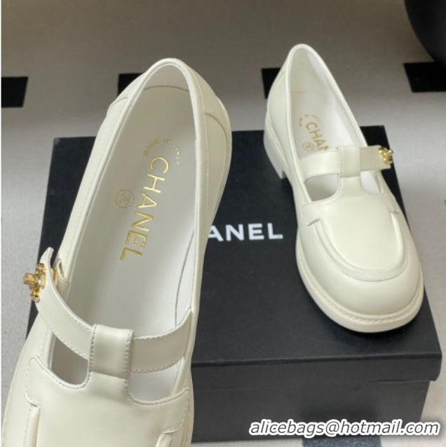 Luxury Cheap Chanel Calfskin Leather T Loafers White 2025 G46799 1031134