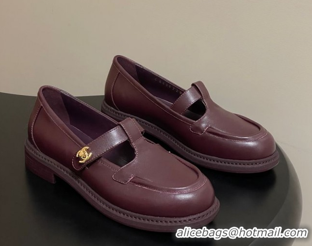 Luxury Chanel Calfskin Leather T Loafers Burgundy 2025 G46799 1031135