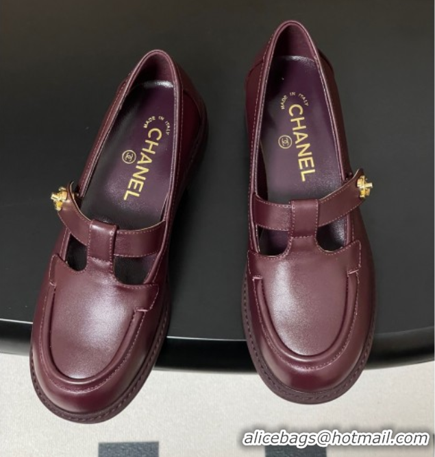 Luxury Chanel Calfskin Leather T Loafers Burgundy 2025 G46799 1031135