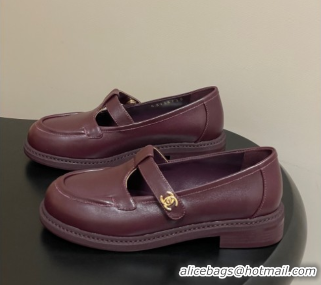 Luxury Chanel Calfskin Leather T Loafers Burgundy 2025 G46799 1031135