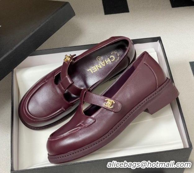 Luxury Chanel Calfskin Leather T Loafers Burgundy 2025 G46799 1031135