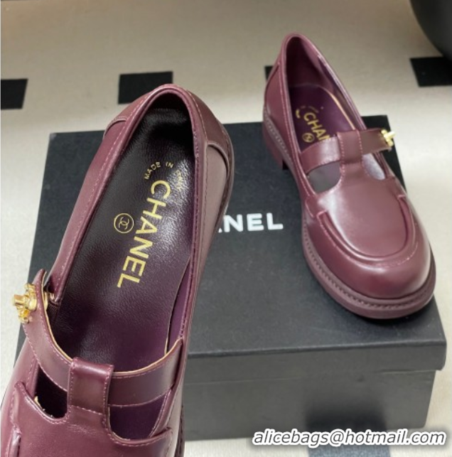 Luxury Chanel Calfskin Leather T Loafers Burgundy 2025 G46799 1031135
