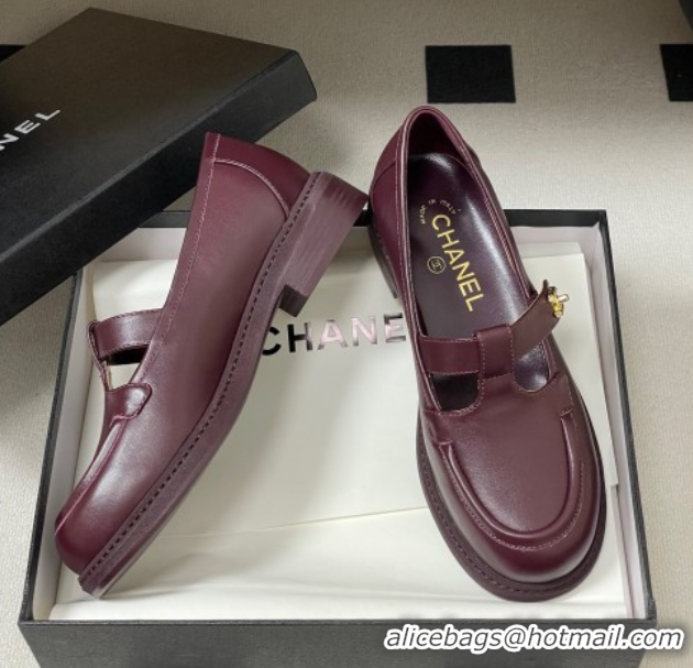 Luxury Chanel Calfskin Leather T Loafers Burgundy 2025 G46799 1031135
