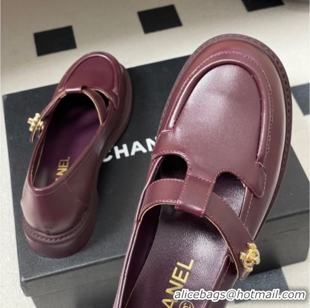 Luxury Chanel Calfskin Leather T Loafers Burgundy 2025 G46799 1031135