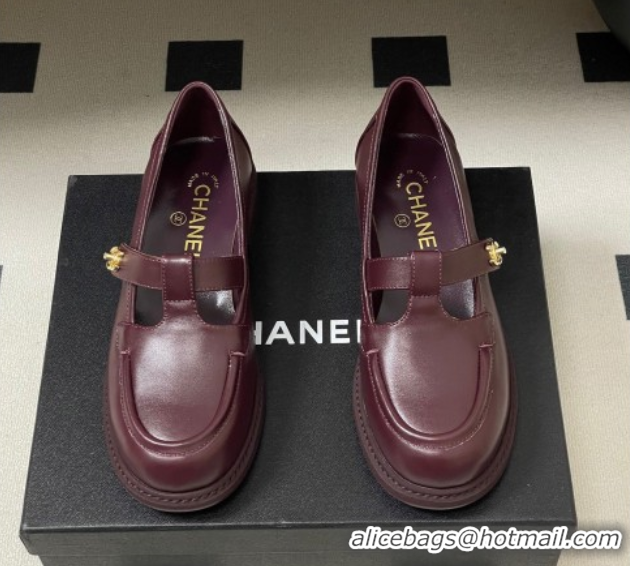 Luxury Chanel Calfskin Leather T Loafers Burgundy 2025 G46799 1031135