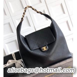 New Discount Chanel Maxi Hobo Bag Original Shiny Calfskin Leather AS5839 Black/Gold