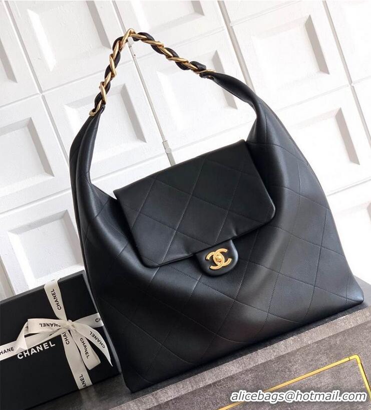New Discount Chanel Maxi Hobo Bag Original Shiny Calfskin Leather AS5839 Black/Gold