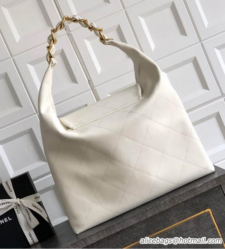 Spot Classic Chanel Maxi Hobo Bag Original Shiny Calfskin Leather AS5838 White/Gold
